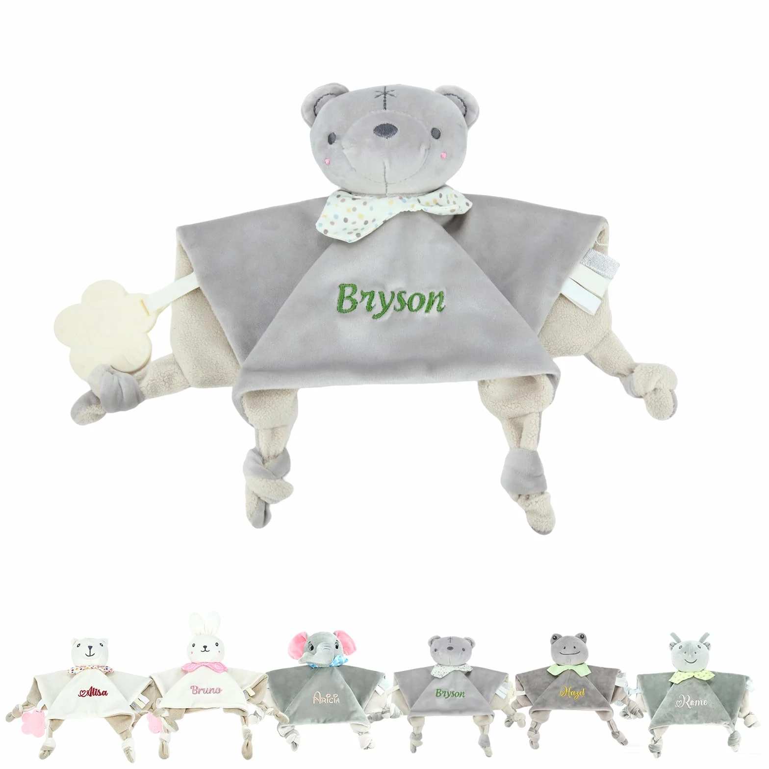 Copertina Personalizzata con Nome Doudou con Neonato Anello da Dentizione in Silicone e Campanellino Peluche Morbidissimo Copertina 27×27 cm Regalo per Neonati Ragazza Ragazzo (Style 5)