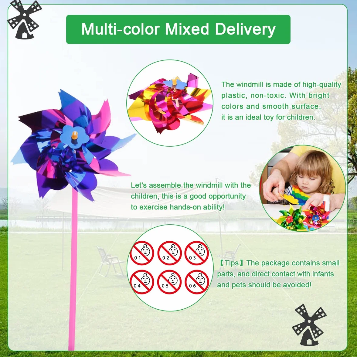 QINERSAW 100 Pezzi Girandole Colorate Girandole in Plastica Arcobaleno Girandole da Giardino Girandole Bambini per Prato da Giardino, Fai da te, per Feste di Bambini