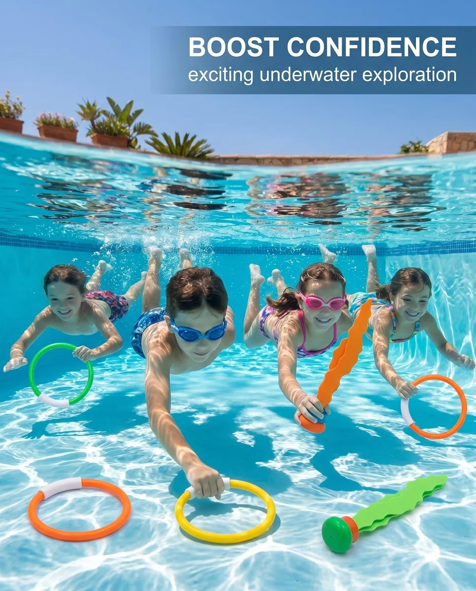 7 Pezzi Giocattoli Subacquei: 4 Anelli e 3 Alghe per Bambini Colorati, Ideali per Allenamento Nuoto, Giochi Piscina Estivi e Divertimento Acquatico Sicuro e Resistente