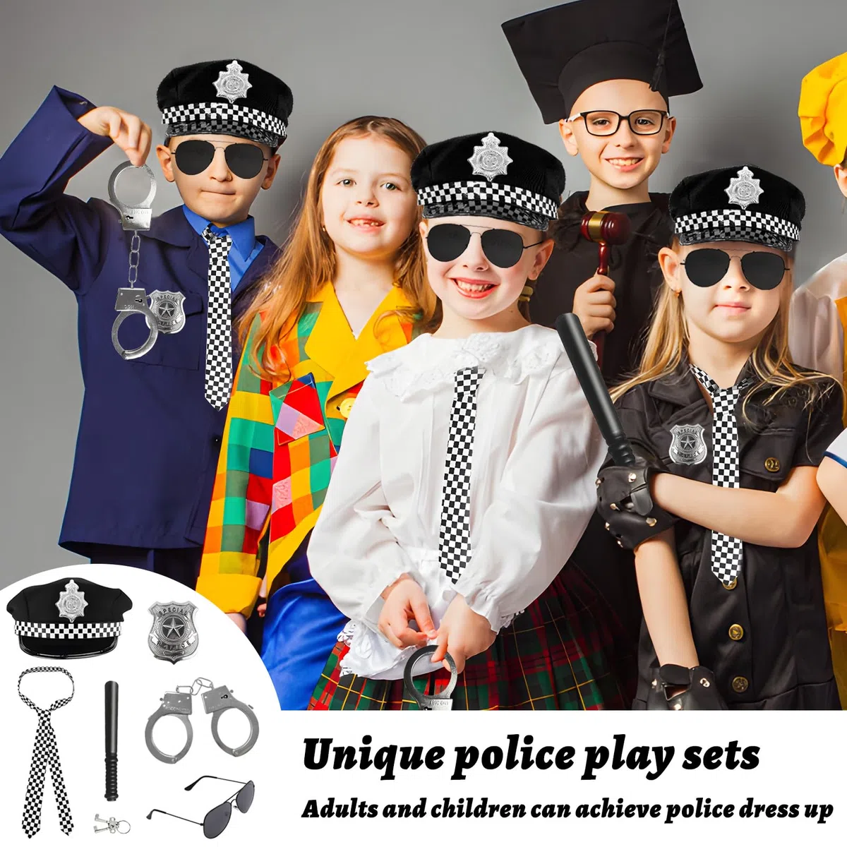 Accessori Della Polizia per Bambini, Costume Poliziotta Accessori,Completano Cappello,Manette,Occhiali da Sole e Altri Oggetti Scena, Perfetti per Carnevale e Giochi Ruolo (Stile D-7 pcs)