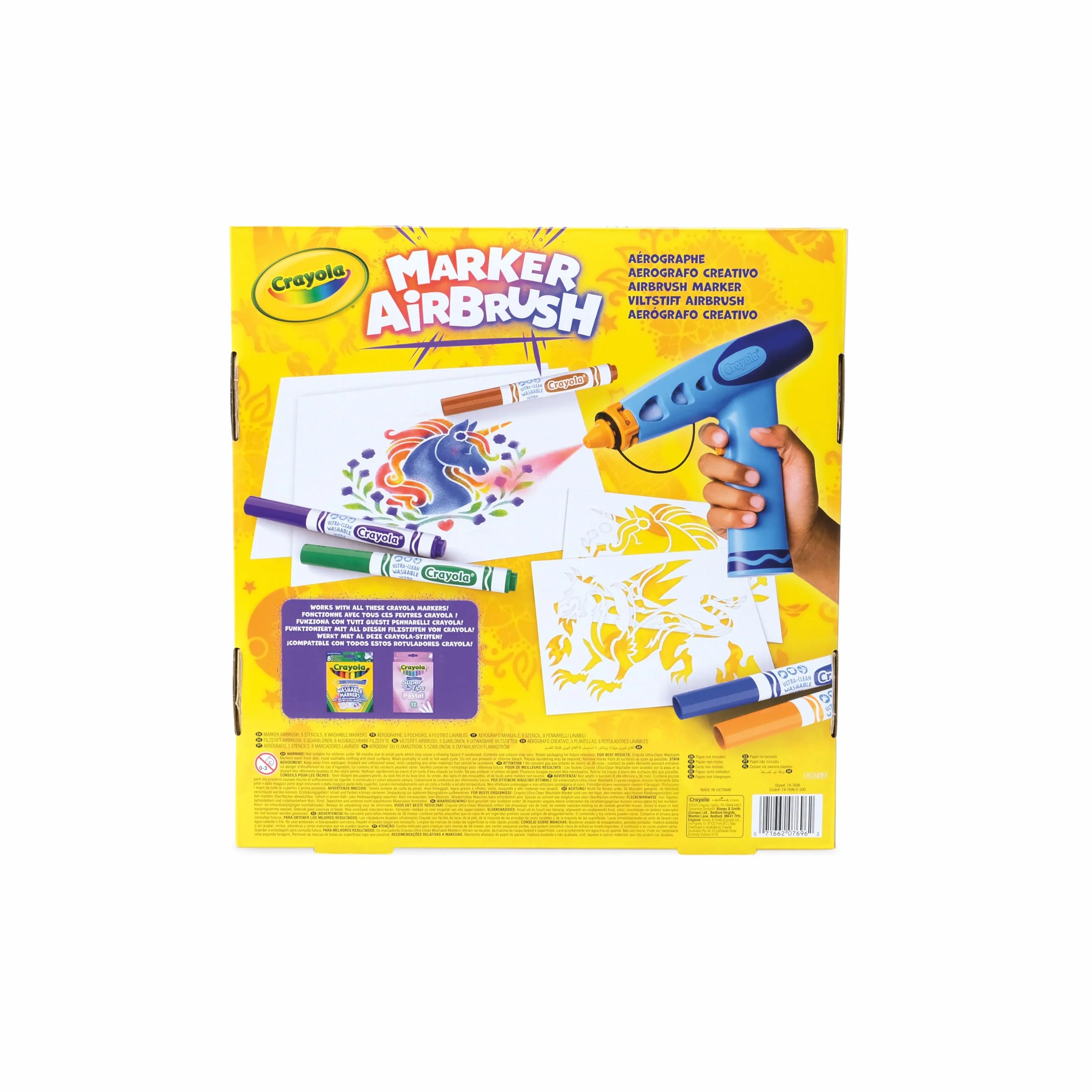 CRAYOLA Marker Airbrush - Aerografo Creativo per Bambini con 8 Pennarelli Lavabili e 5 Stencil, Giocattolo Educativo per Attività Artistiche, da 6 anni, 74-7696