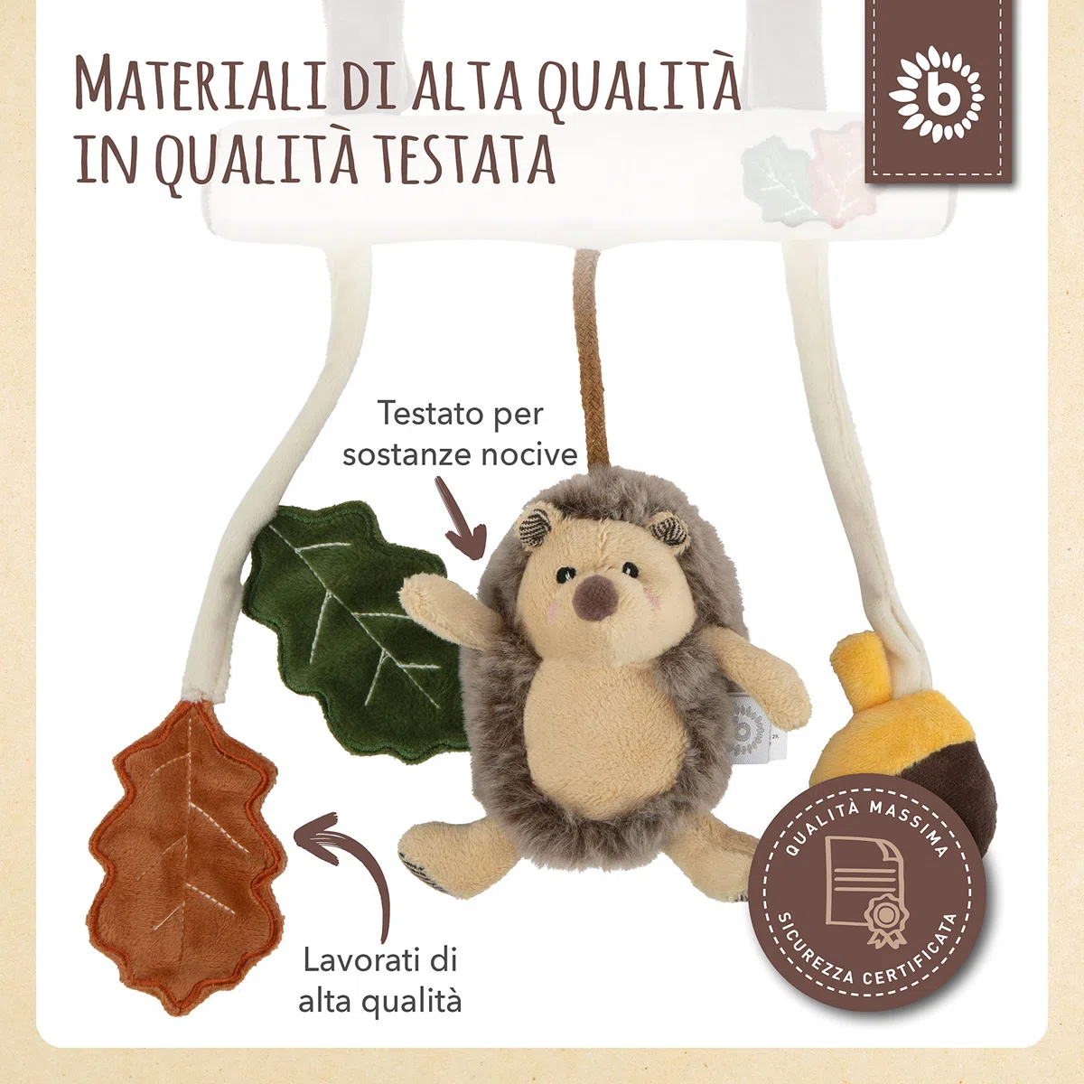 BIECO Catena per carrozzina a forma di riccio, ca. 30 x 21 cm, giocattolo maxi cosi, per lettino o box con ciondolo ad arco, gioco di attività, giocattolo mobile con anelli di presa