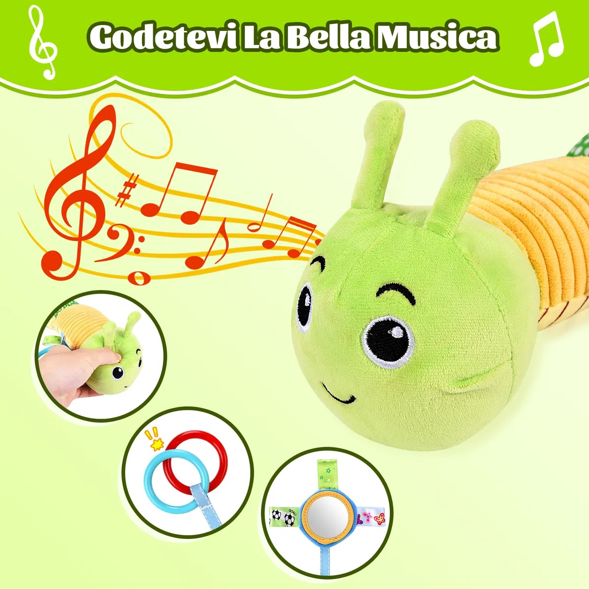 Herenear Bruco Musicale Peluche Giocattolo, Cuscino Grande Morbido Con Increspature Multisensoriali per Infantili