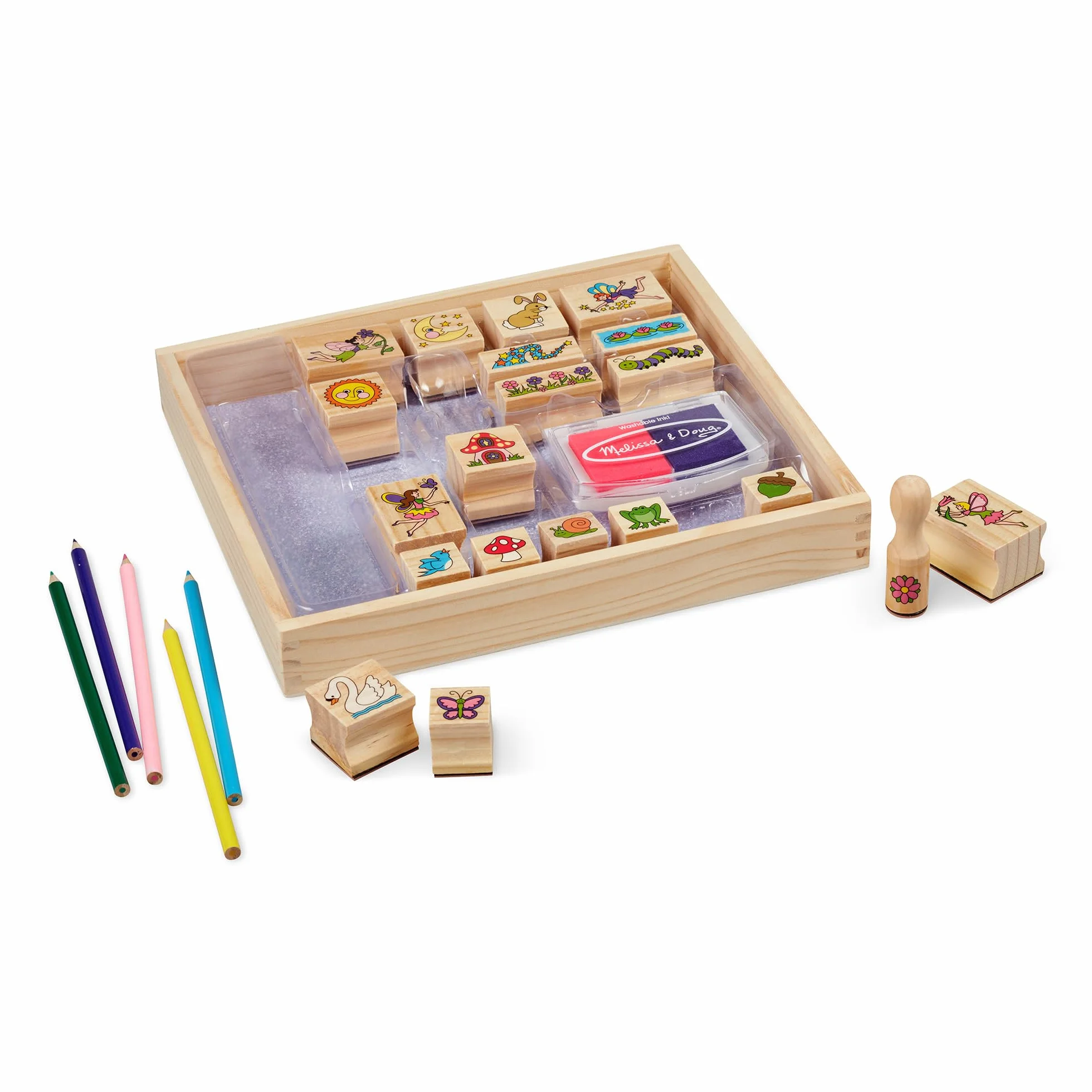 Melissa & Doug Timbri Creativi Giardino delle Fate – Set in Legno con 9 Timbri, Inchiostro Lavabile a Due Colori e Matite Colorate, Lavoretti Manuali, Regalo per Bambini e Bambine, 4+ Anni