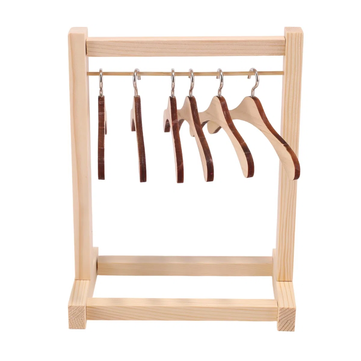 Lyreh Appendiabiti Bambole con Grucce, Mini Appendiabiti in Legno con 6 Grucce per Bambole da 17cm Accessori Mobili Guardaroba Mini per Forniture Case delle Bambolotto(Colore Legno)