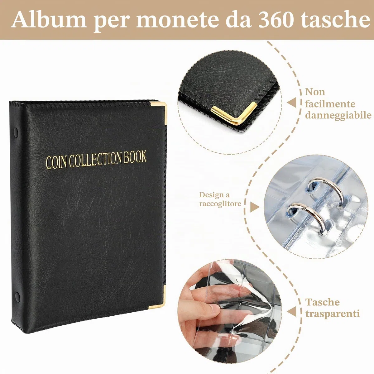 UMILKI 10 pagine/240 Tasche e 10 pagine/120 Tasche Album della Collezione di Monete, Due Misure 3x3cm e 4 * 4cm Album per Monete, Porta Monete da Collezione, Raccoglitore Monete con 400 Adesivi