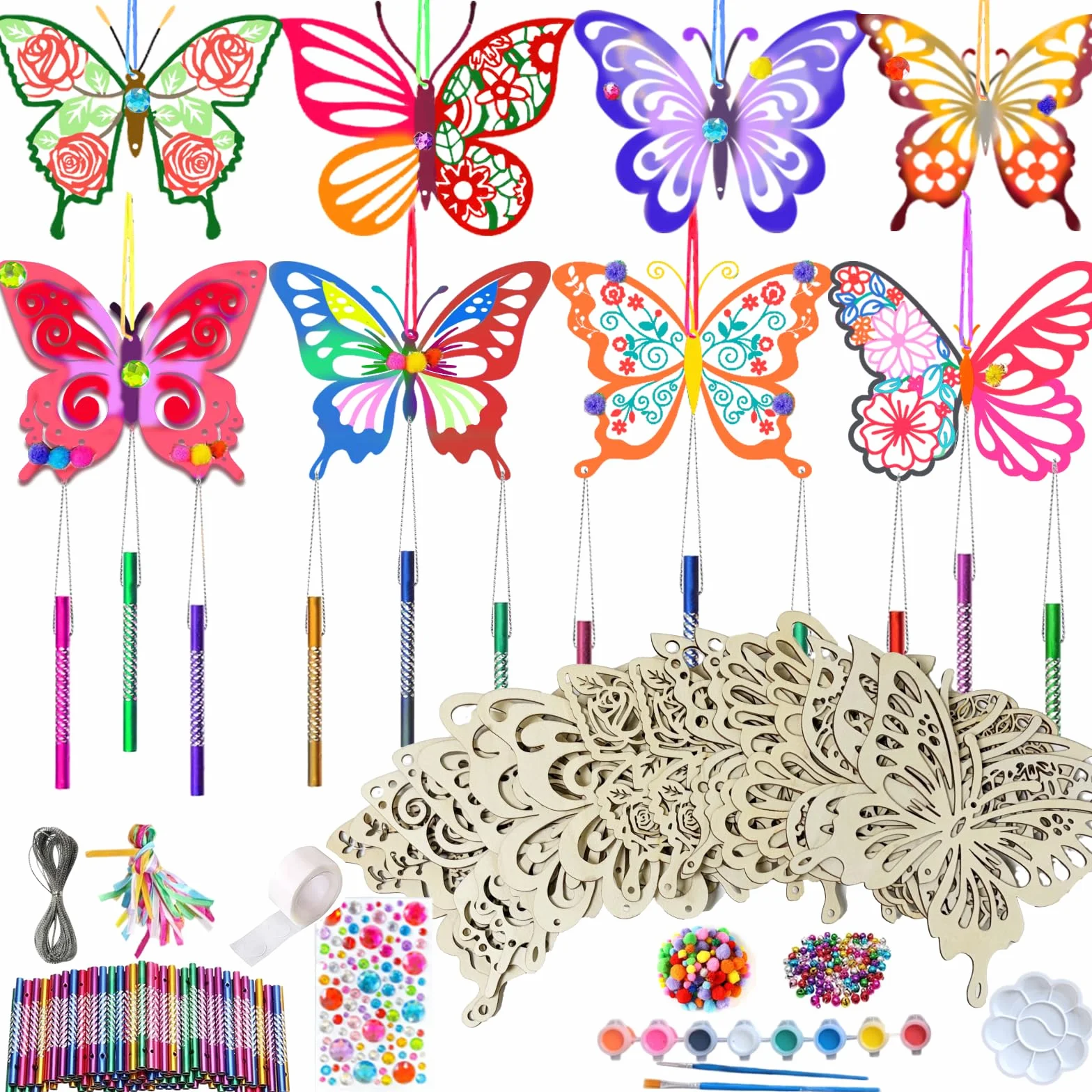 Beafaeur 174 Pezzi Campane a Vento Farfalla Kit, Bambini Primavera ​Regalo Craft per Dipingere con Farfalle Pendente in Fiori, Campana, Decor Pasquali Fai Da Te Bomboniere Giardino di Casa Corridoio