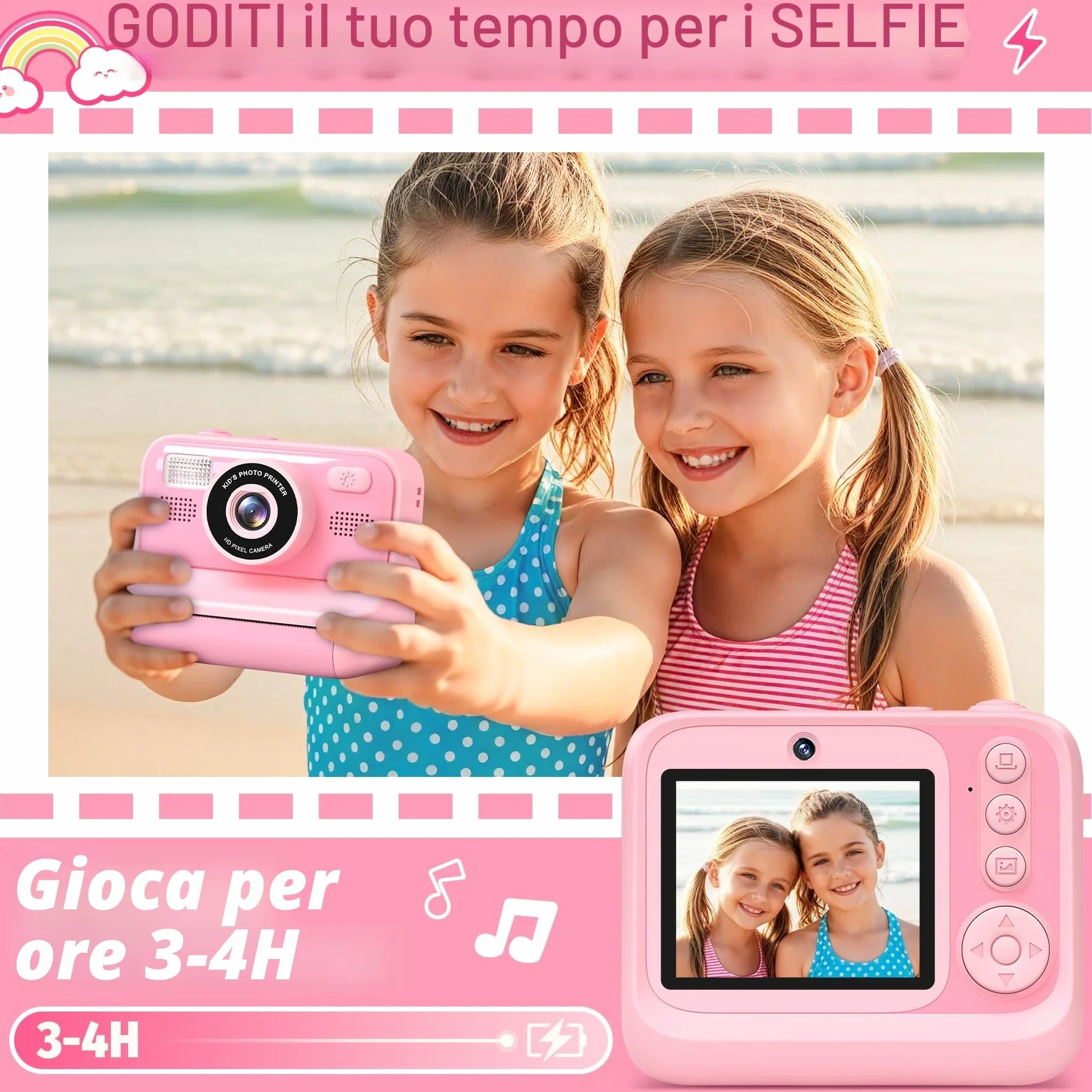 Macchina Fotografica Bambini, 2.4" HD Selfie Fotocamera Bambini con Scheda da 32 GB e 3 Rotoli di Carta da Stampa, Giochi Regalo Natale bambini bambino Nero digitale(Rosa)