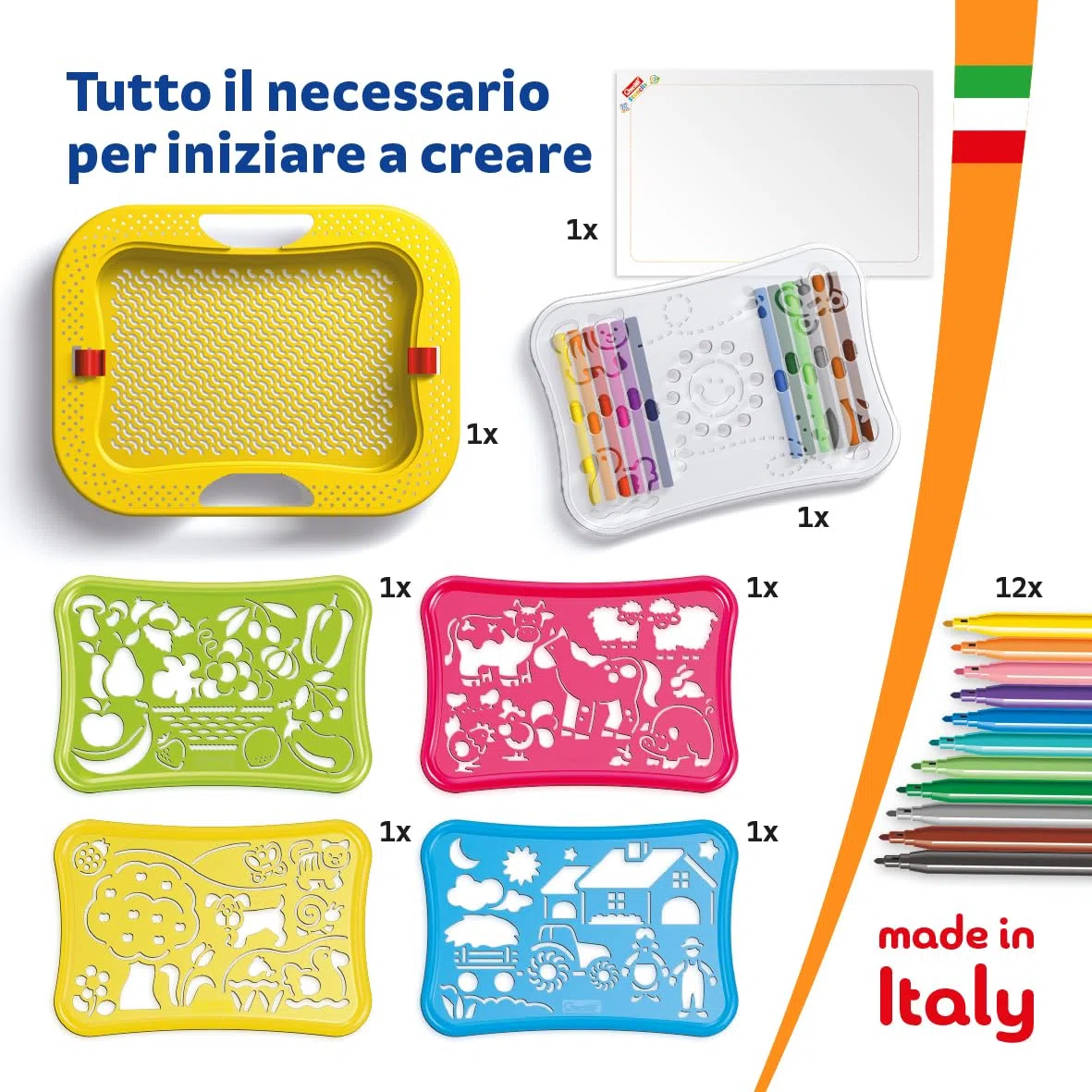 Quercetti Stencils Design Farm, Giochi Bambini 3 Anni Fino agli 8 Anni con 4 Sagome, 12 Pennarelli e Album da Colorare per Bambini, Giochi Creativi ed Educativi, Gioco Bambino 3 Anni, Made in Italy