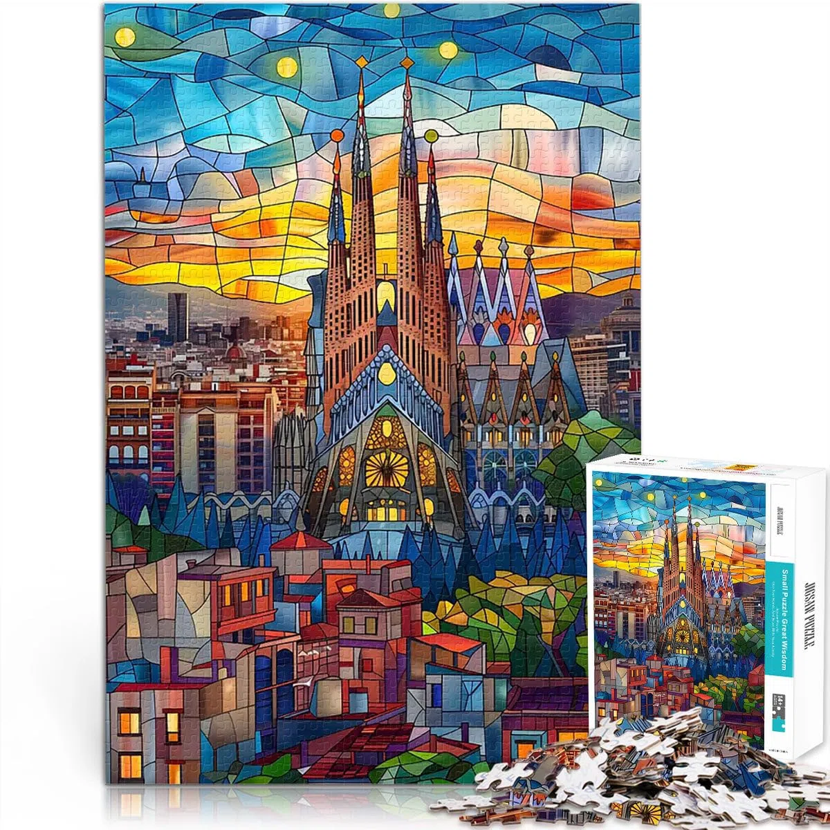 Puzzle 1000 pezzi per adolescenti Mosaico del tramonto di Barcellona Difficile Duro con pezzi completamente interconnessi di forma casuale 38x26cm