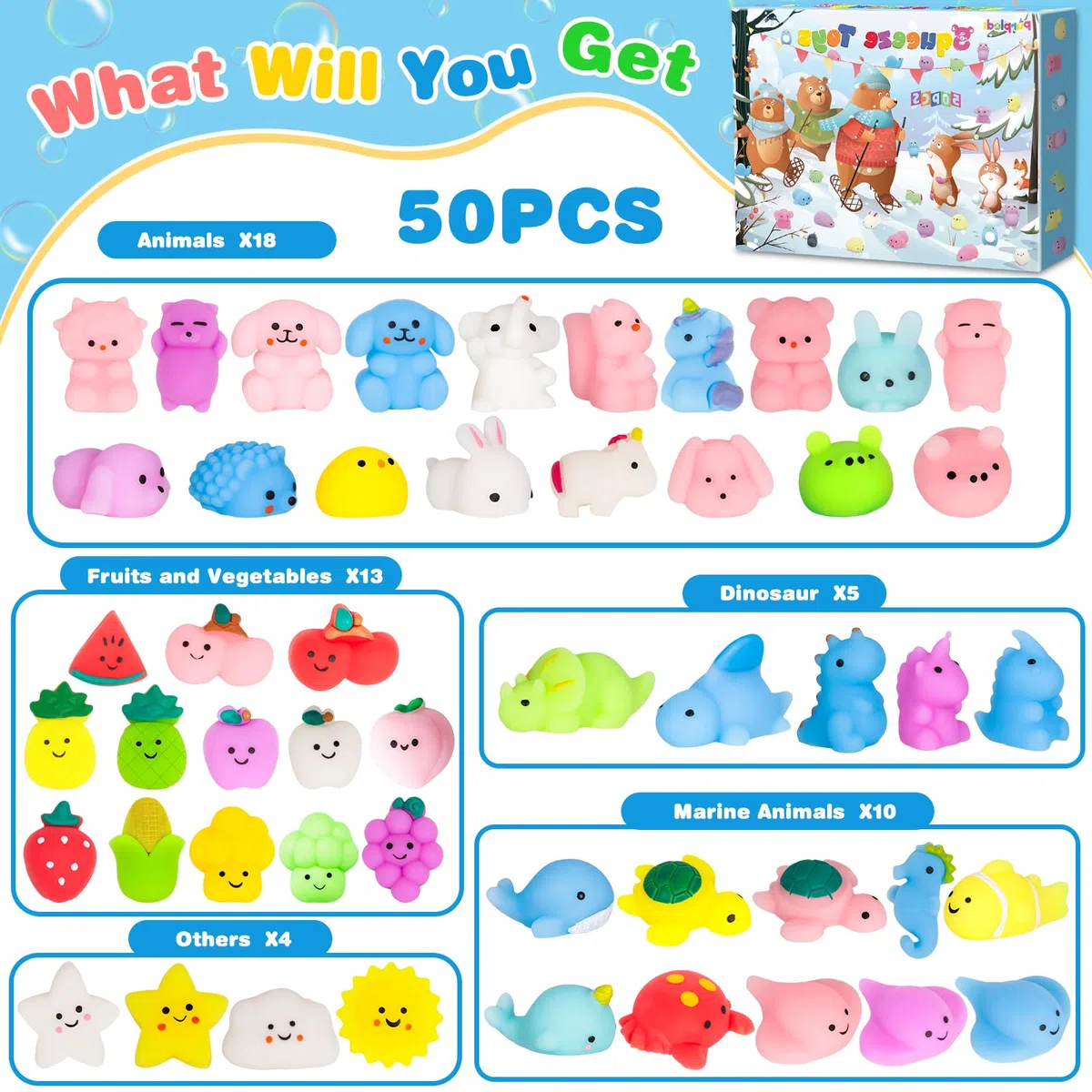 Purpledi Squeeze Toys Squishy Giocattoli 50 pezzi per Feste per Bambini, Giocattoli Antistress da Spremere Morbidi , Regalo di Natale,Regalini Fine Festa Compleanno