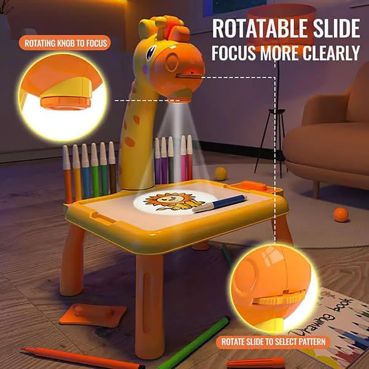 ZVD Tavolo da Disegno per Bambini con Proiettore, Proiettore Interattivo per Disegno, Disegnare con la Luce, Set di Giochi di Disegno per Tavolo da Disegno Giocattolo con 24 Motivi per Regali (Giallo)