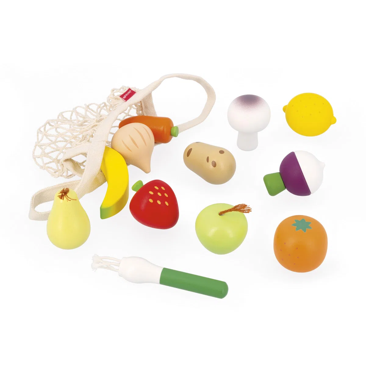 Janod Filet de 12 Fruits et Légumes, Sacca in Stoffa, Panier d'imitazione, Complemento Ottime per la Cucina Infantile e da Tavolo, A Partire da 3 Anni, J06639