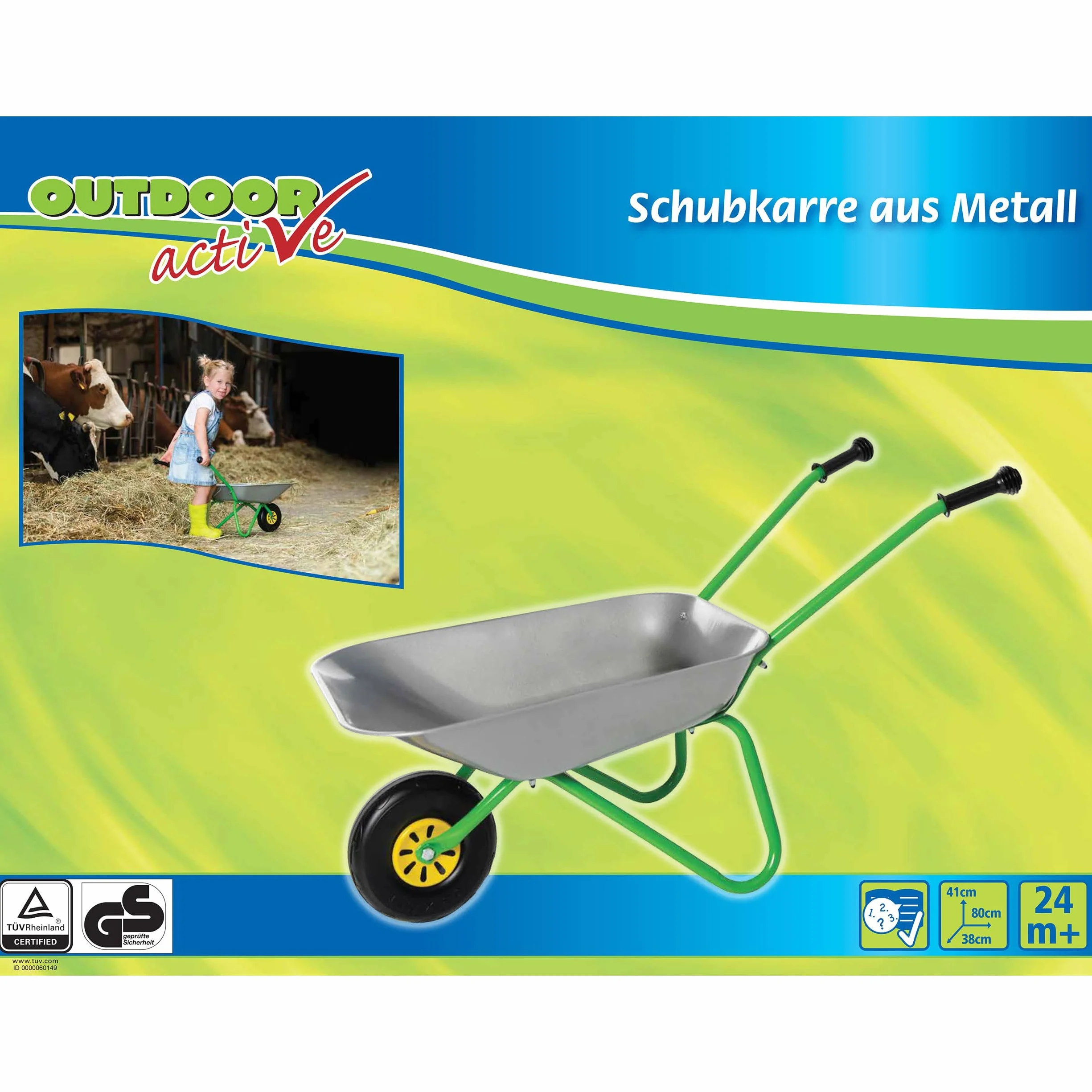 OA Rolly Toys - Carriola in metallo, colore: argento/verde, per bambini a partire dai 2 anni, ciotola in metallo, portata fino a 25 kg, con manici in plastica