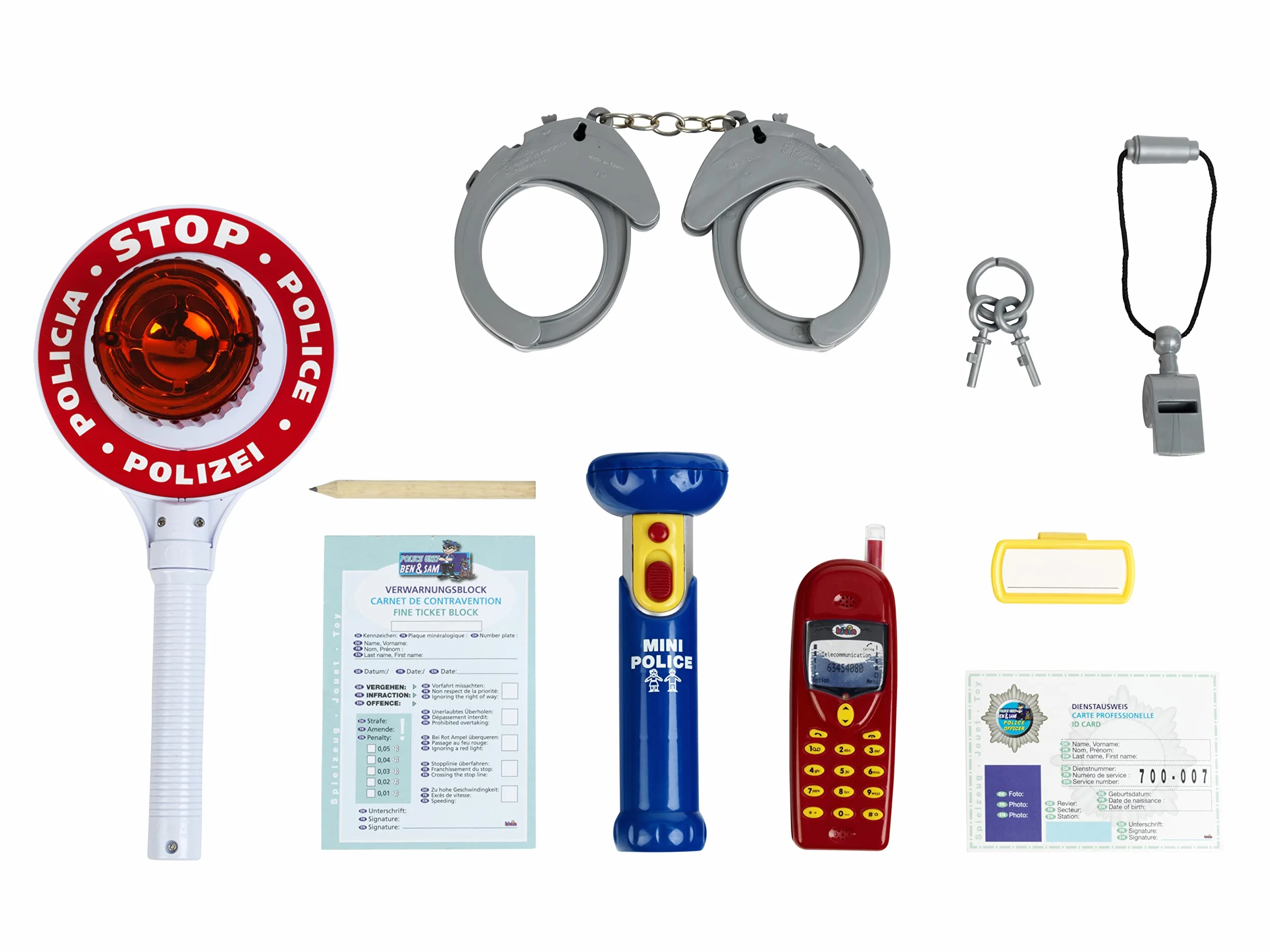 Theo Klein 8850 Set della polizia, Il set Police Unit Ben & Sam è composto da 10 pezzi, Include una torcia tascabile e una paletta della polizia con luce alimentati a batterie, Dimensioni della confezione: 40 cm x 32 cm x 4,5, Giocattolo per bambini a par
