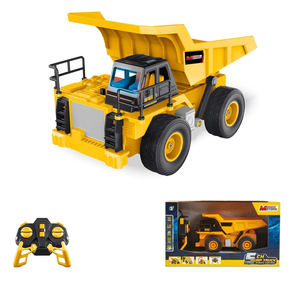 MONDO Motors Camion ribaltabile, modello in scala 1:24, pacco batterie ricaricabili incluso, movimenti controllabili dal telecomando, giocattolo per bambini 63849