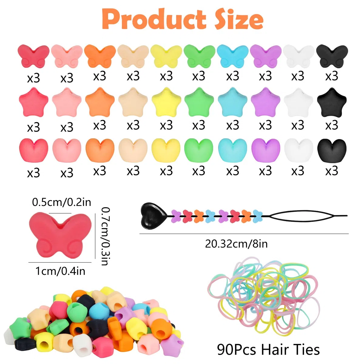 90 perline in silicone per capelli per bambine e ragazze, perline colorate in pony, accessori per capelli da donna lavabili, 10 colori, farfalle, cuori e stelle.