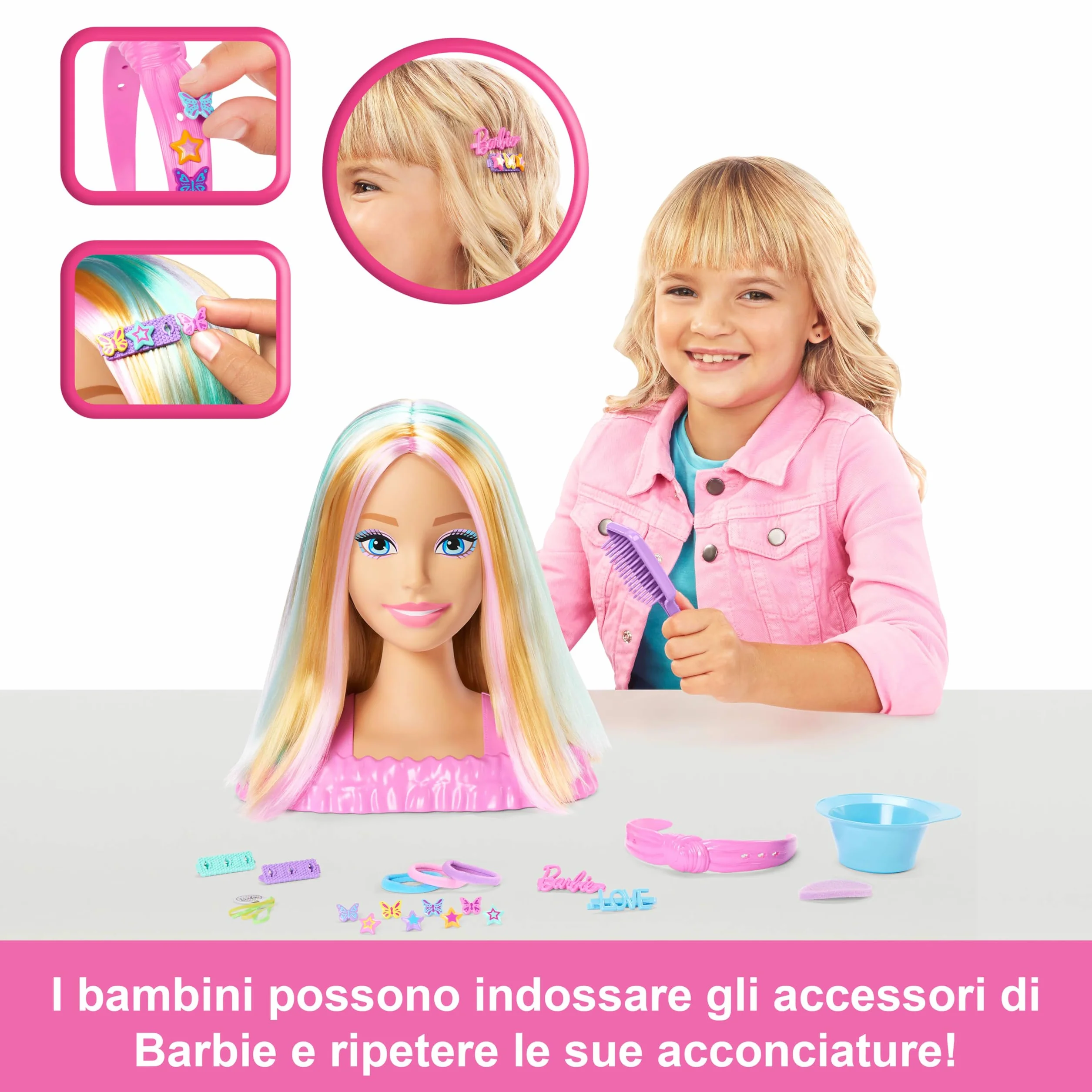 Barbie - Styling Head Deluxe, capelli biondi con oltre 20 accessori per acconciature, fermagli per capelli a stella o farfalla cambia colore, giocattolo per bambini, 3+ anni, JFG81