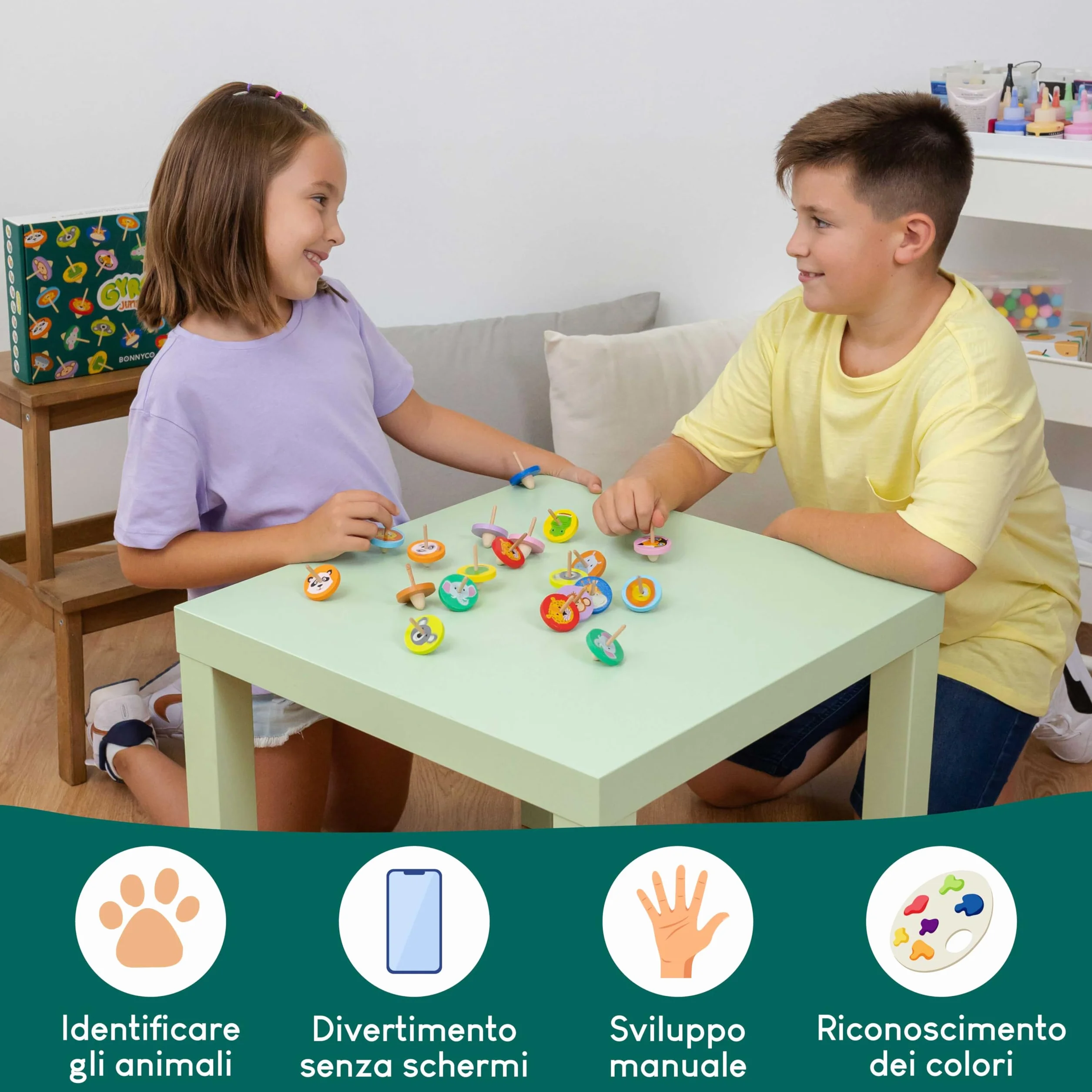 BONNYCO Trottola Bambini Legno Pack 40 Animali Giungla. Trottole Gadget Compleanno Bambini, Mini Giochi Regalini Fine Festa Compleanno. Regalino Fine Festa Dopo Invitati, Pensierini Giochini Scuola