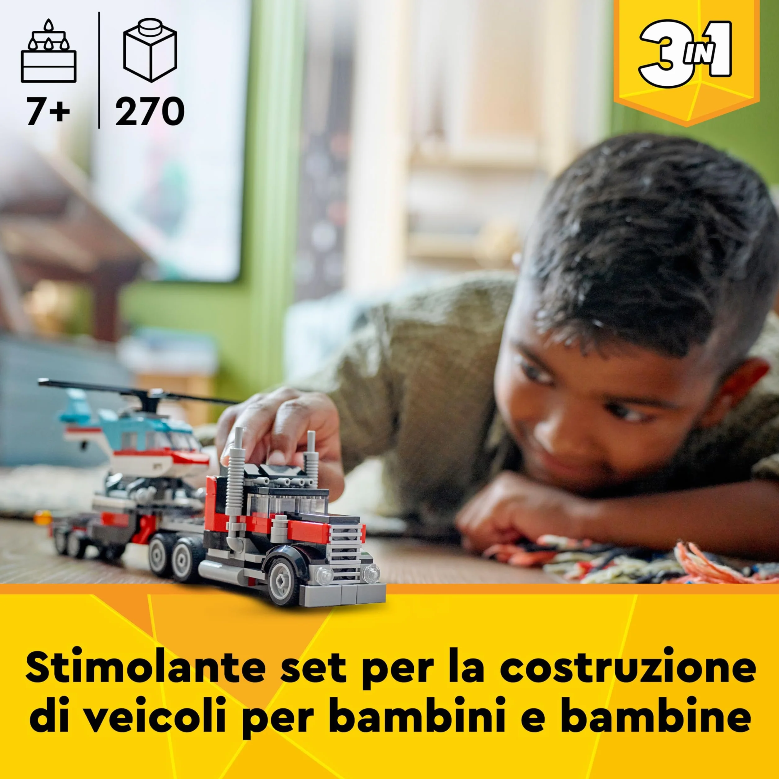 LEGO Creator 3 in 1 Autocarro con Elicottero, Giochi per Bambini e Bambine da 7 Anni, Camion Giocattolo Ricostruibile in Aereo e Cisterna o in Auto da Corsa e SUV, Idea Regalo di Compleanno 31146