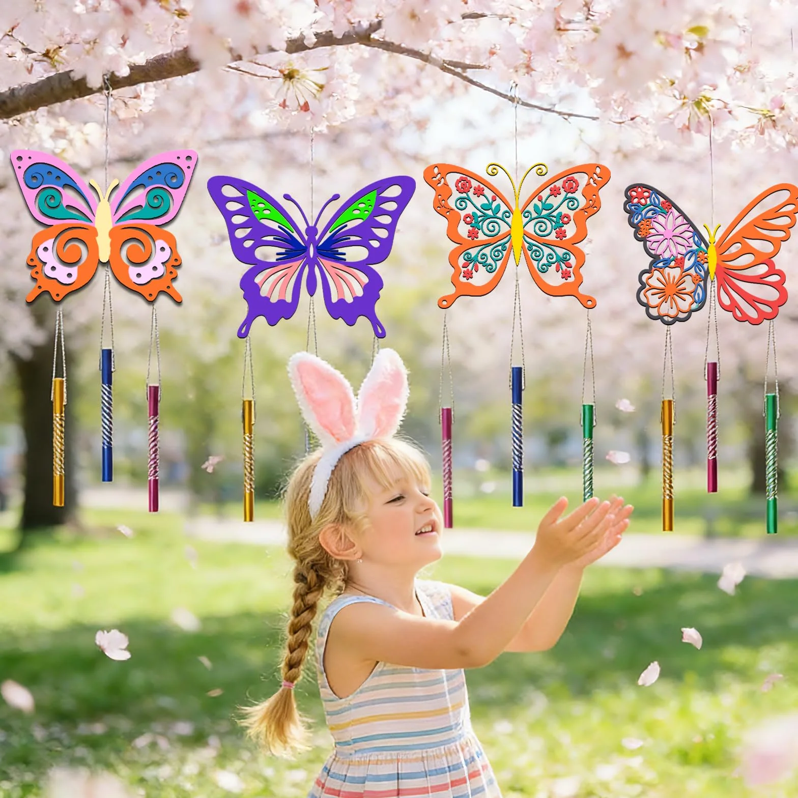 Beafaeur 174 Pezzi Campane a Vento Farfalla Kit, Bambini Primavera ​Regalo Craft per Dipingere con Farfalle Pendente in Fiori, Campana, Decor Pasquali Fai Da Te Bomboniere Giardino di Casa Corridoio