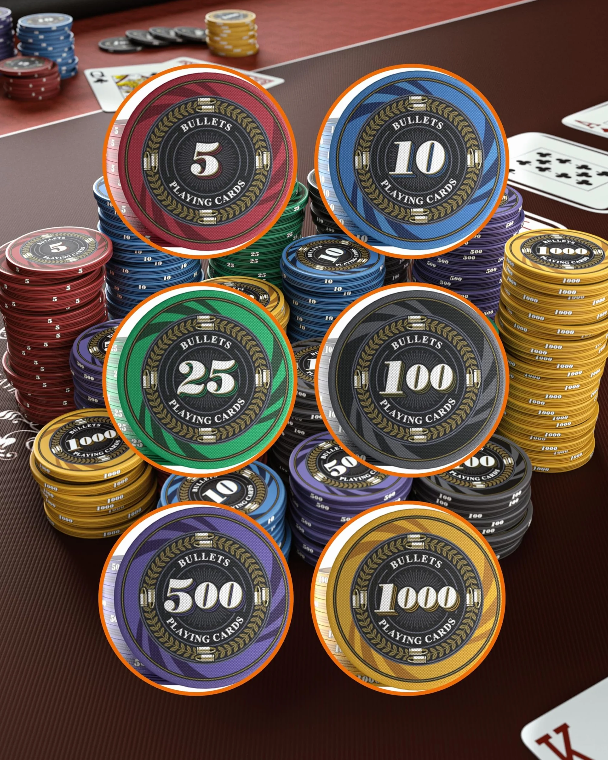 Bullets Playing Cards, 25 chip da poker in ceramica Silvio per set da poker, con valori, 10 g, 4 cm di diametro (rosso: 5)