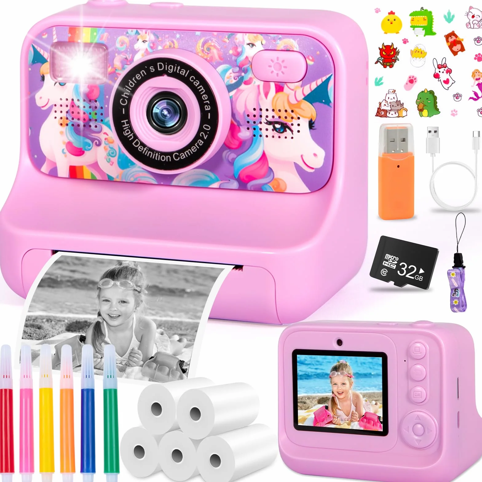 Macchina Fotografica Bambini Istantanea, Fotocamera Istantanea 2.4" 1080P Fotocamera Bambini con 32GB Schede e Carta da Stampa, Modalità Selfie e Video,Regali per Ragazzi Ragazze da 3-12 Anni