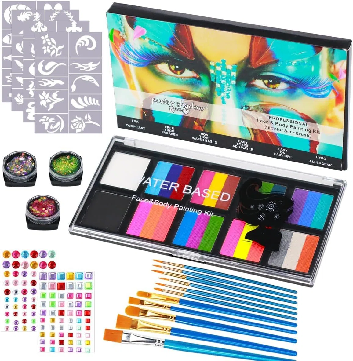 Truccabimbi Trucco per Bambini, Truccabimbi Kit Anallergici Atossici 26 Colori per Body Painting, Trucca Bimbi Viso con 40 Stencil Tatuaggio, Adatto per Halloween, Carnevale, Natale