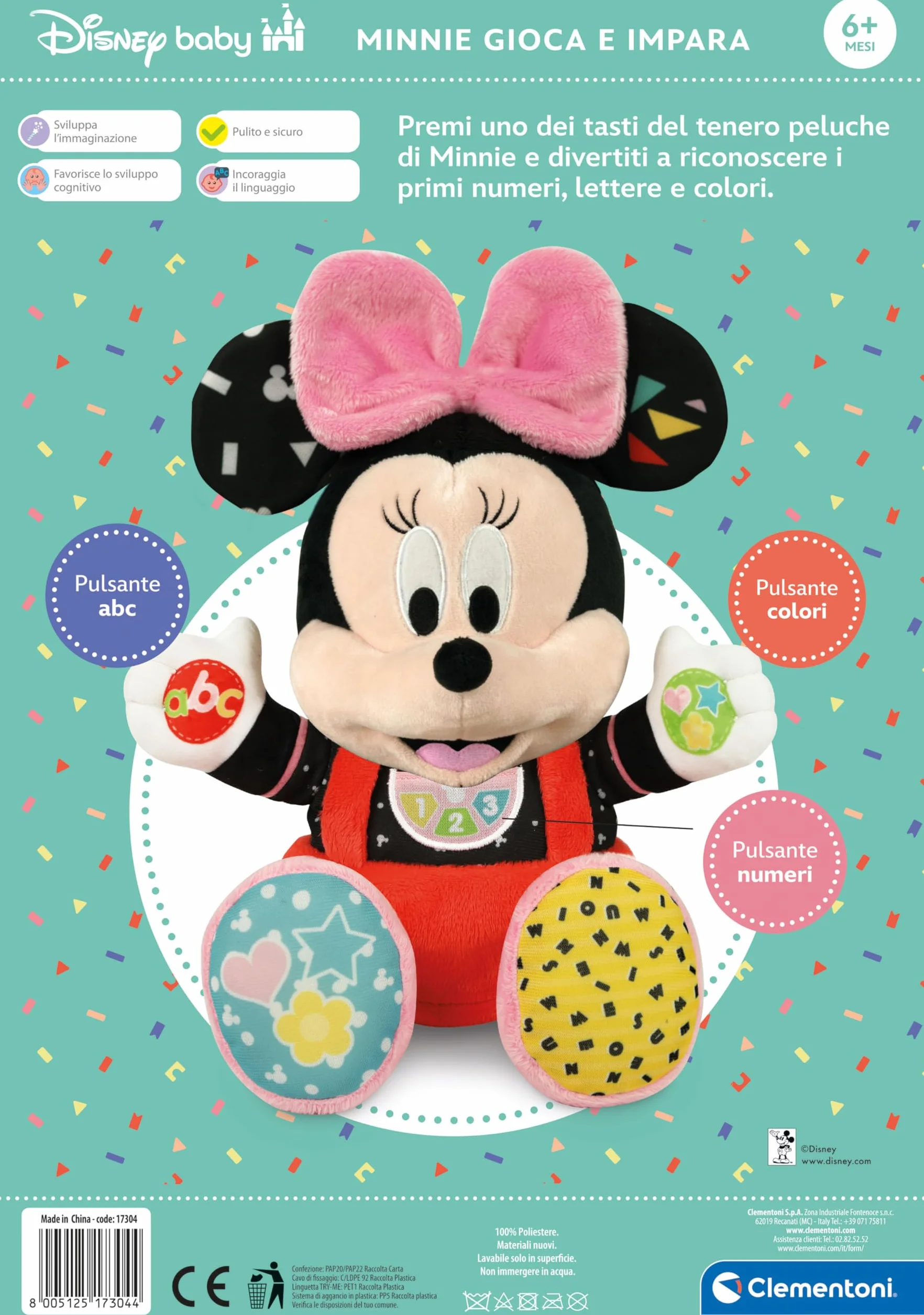 Clementoni Disney Baby Baby Minnie Gioca e Impara, Peluche e Gioco Educativo Interattivo per Bambini 6+ Mesi, Canta Filastrocche per Insegnare l'Alfabeto, Numeri e Colori, Lingua Italiana, 17304