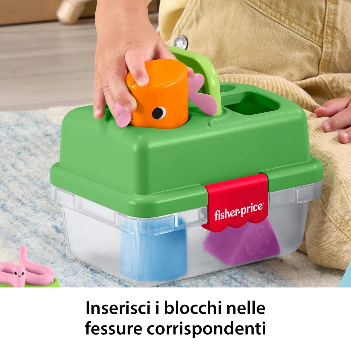 Fisher-Price - Cassetta Amici della Foresta, Set a Tema Pesca con retino e 6 Blocchi a Forma di Pesci, attività di Scelta per sviluppare la capacità di risoluzione dei Problemi, 6+ Mesi, JLB85