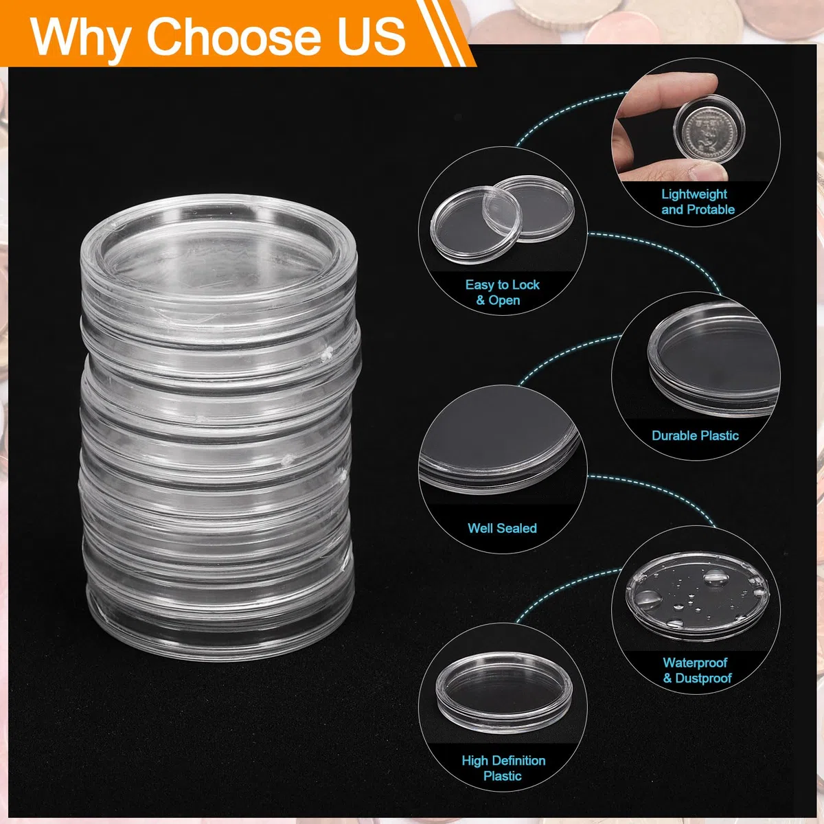 QUARKZMAN 20 Pz 23mm Portamonete per Dollaro D'Argento, Coperture in Capsula di Plastica Trasparente in Acrilico Contenitore Rotondo per La Collezione di Monete D'Argento O Tag Nfc