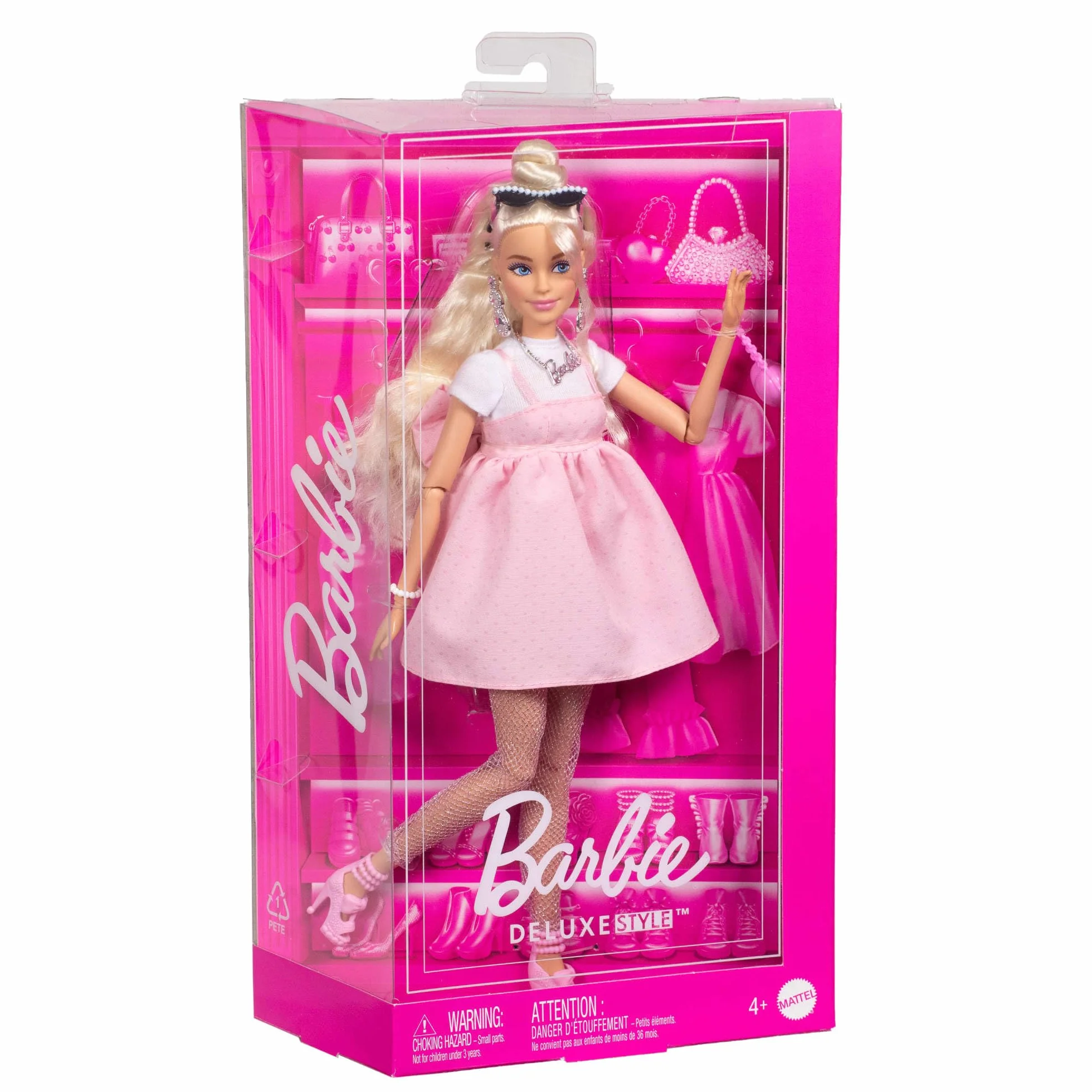Barbie - Bambola Deluxe Style n.3, con capelli biondi in uno chignon e abito Barbiecore rosa pastello, accessori come fiocco oversize e calze a rete inclusi, giocattolo per bambini, 4+ anni, HYV27