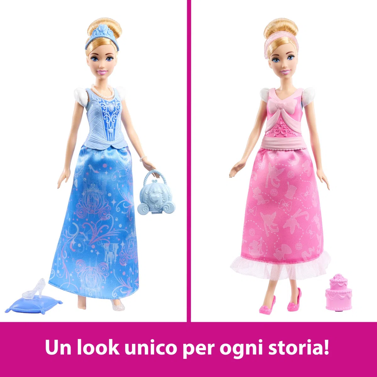 Mattel Disney Princess - Cenerentola 2 storie in 1, bambola alla moda ispirata al film con 2 look completi intercambiabili e 9 accessori inclusi, giocattolo per bambini, 3+ anni, rosa, JCR95