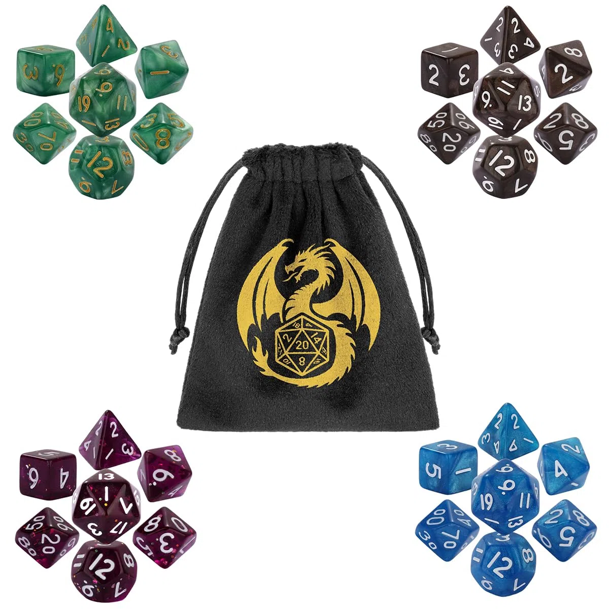 Mini Set di Dadi DND, 4 colori, 7 pezzi di Dadi Poliedrici in Acrilico, D4, D6, D8, 2 D10 (00-90 e 0-9), D12 e D20, Regali D&D con Sacchetto Regalo, Accessori per RPG, MTG, Caffè + Blu + Verde + Viola