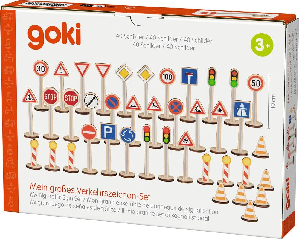 goki 53761 – Il mio grande set di segnali stradali, set di 40 segnali stradali in legno, gioco educativo per bambini a partire dai 3 anni