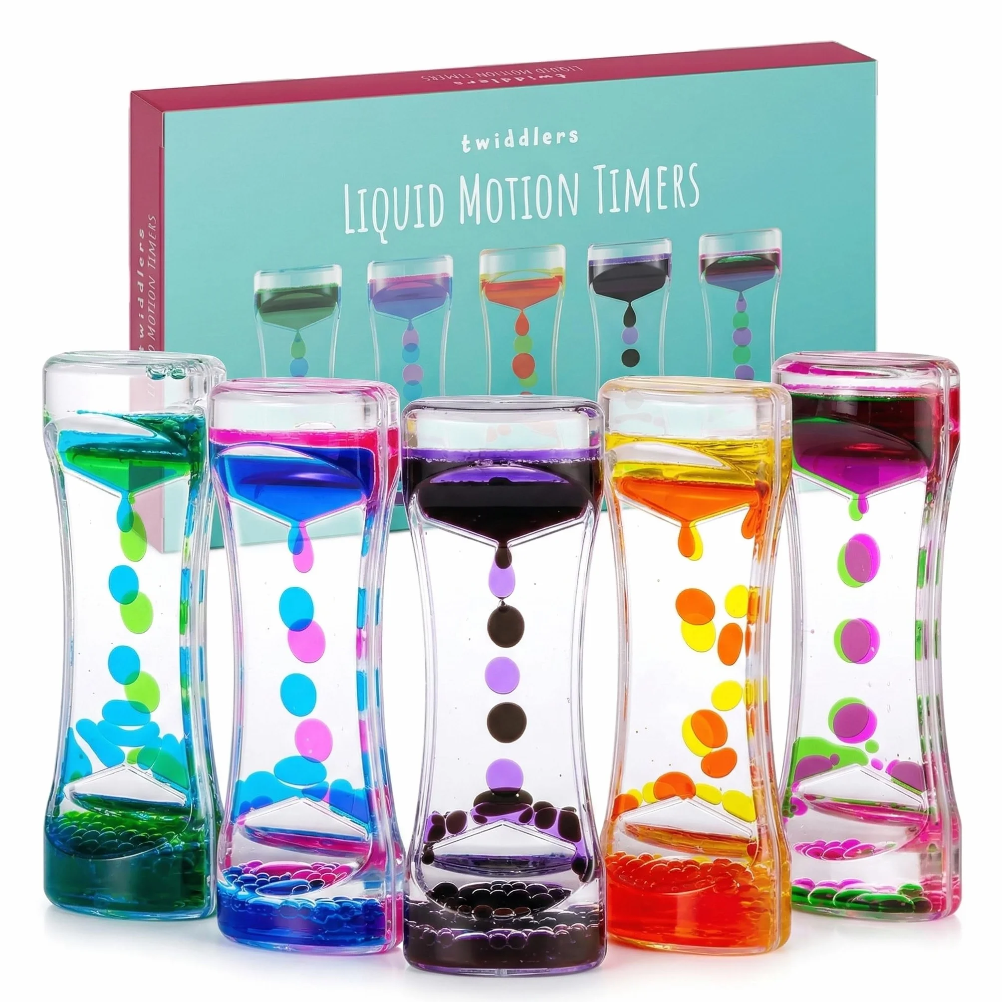 THE TWIDDLERS 5 Clessidre Liquide Sensoriali Multicolore - Giochi Antistress e Barattolo della Calma Stile Montessori per Bambini con Autismo, Giocattolo Fidget Rilassante da 14 cm per Scuola e Casa