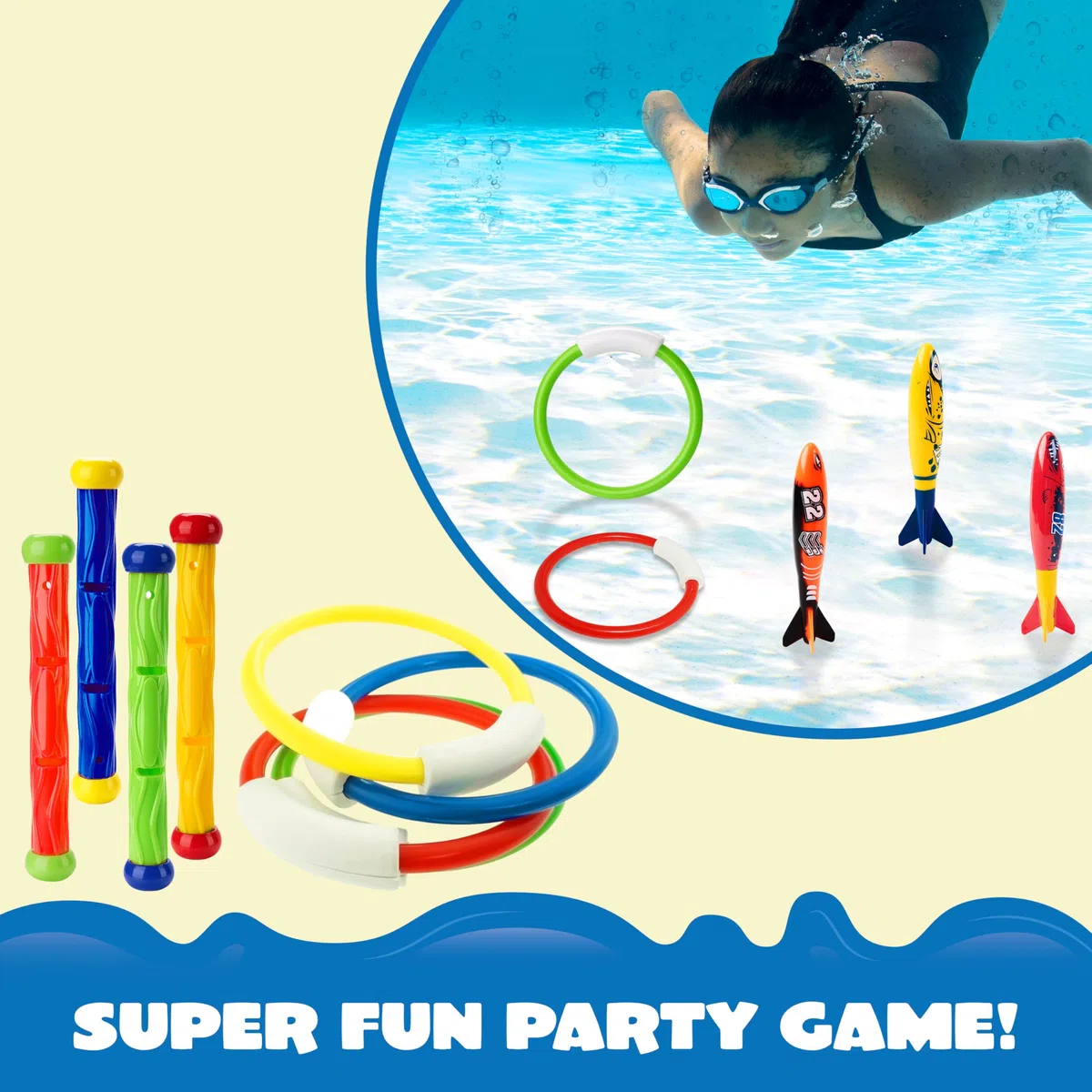 JOYIN 18 Pezzi Piscina Immersione Giocattolo Anelli di Nuoto Bastoncini da Immersione e Banditi Toypedo con Set Regalo Tesori Subacquei Giochi da Immersione Sott'Acqua