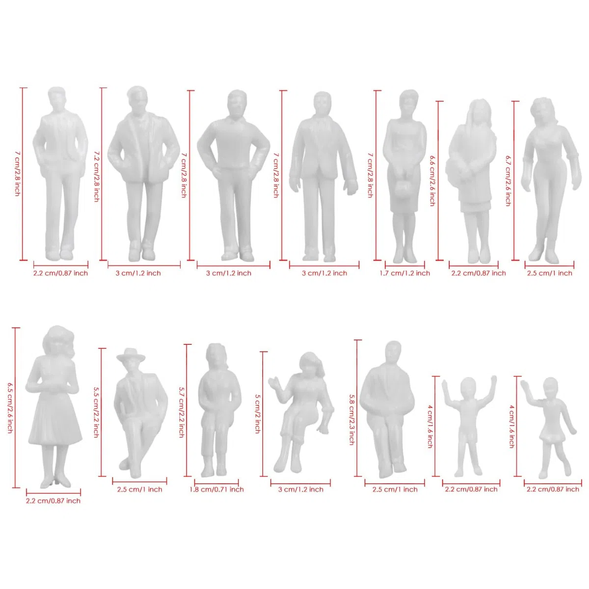 20 pezzi figure modello bianco non dipinto, diverse figure in piedi passanti H0 1:25, diverse pose in miniatura, persone figurine per progetto di pianificazione architettonica modello ferroviario