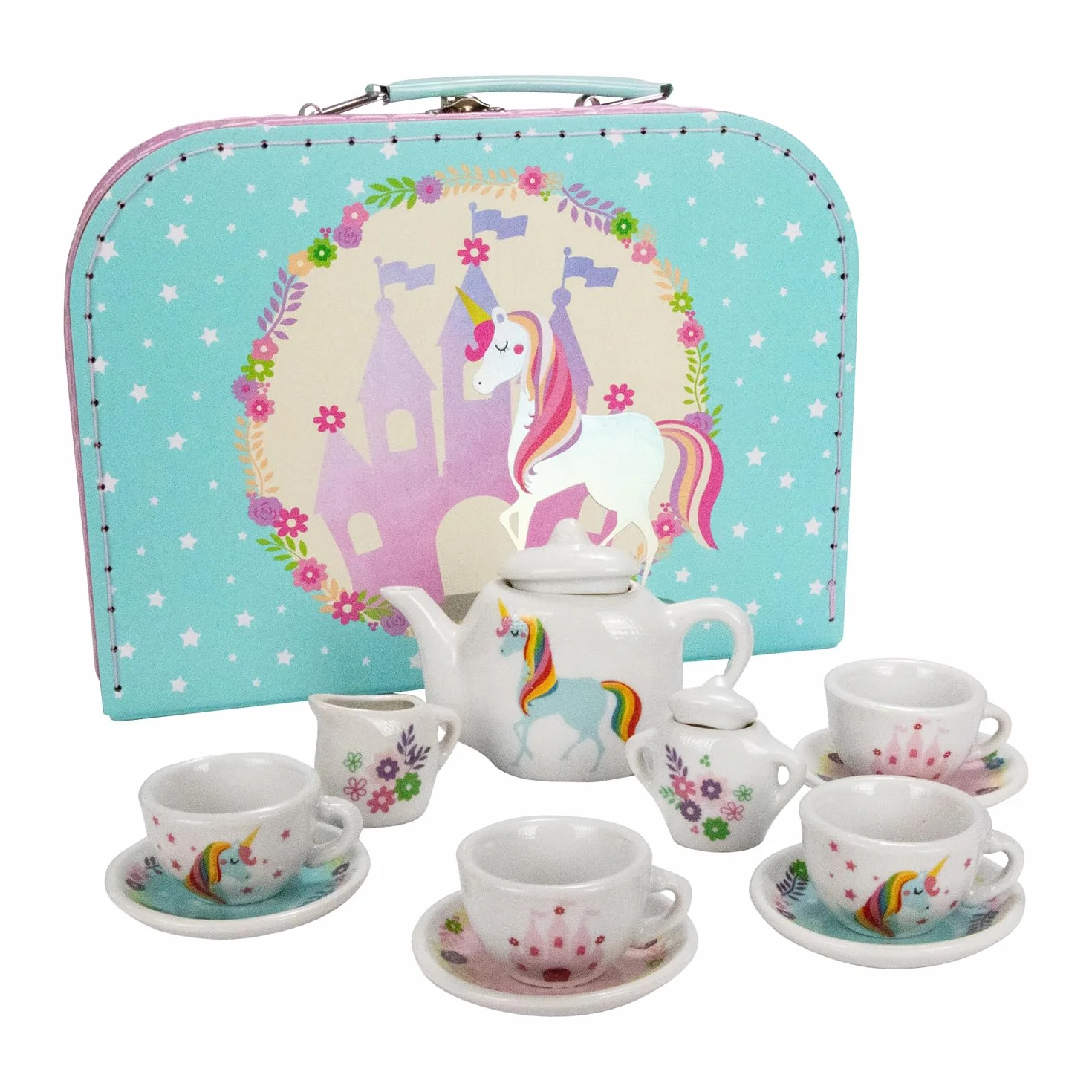 GICO Set da tè per bambini, valigia da gioco, set da tè con tema unicorno, giocattolo, stoviglie in porcellana, 13 pezzi - CH12102