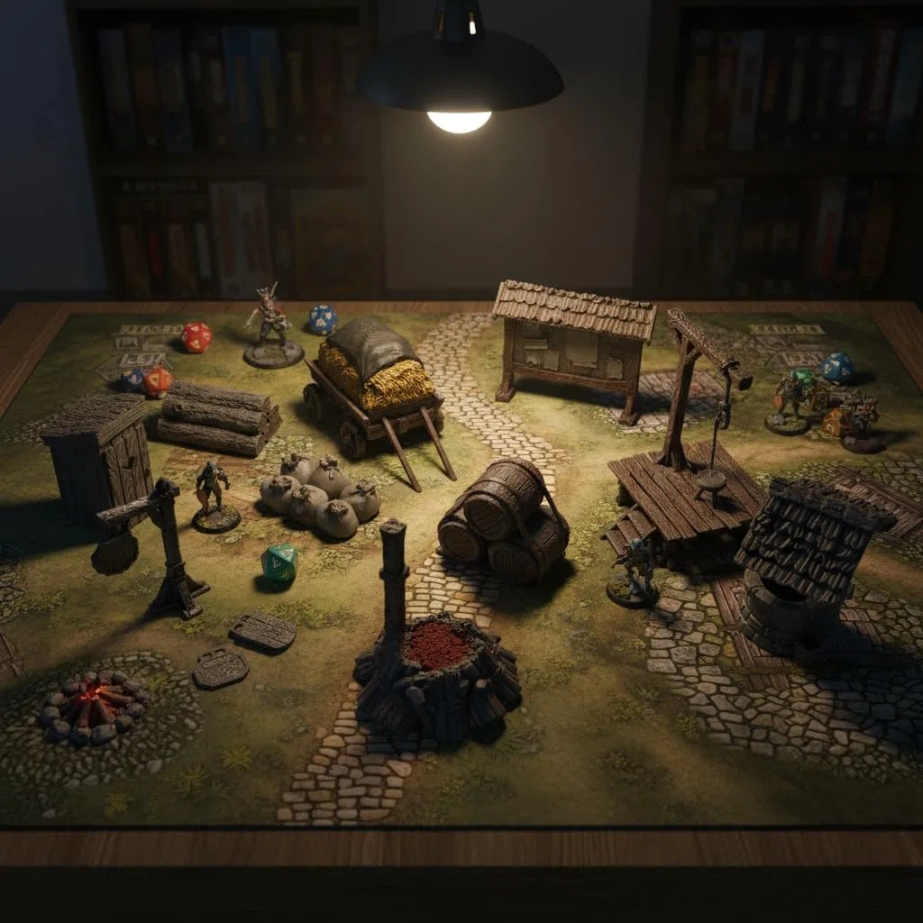 Set di articoli da città – Accessori integrali per D & D, Warhammer – Pozzo, Wc, Segnalibri, Forca, Giornali, Carrello