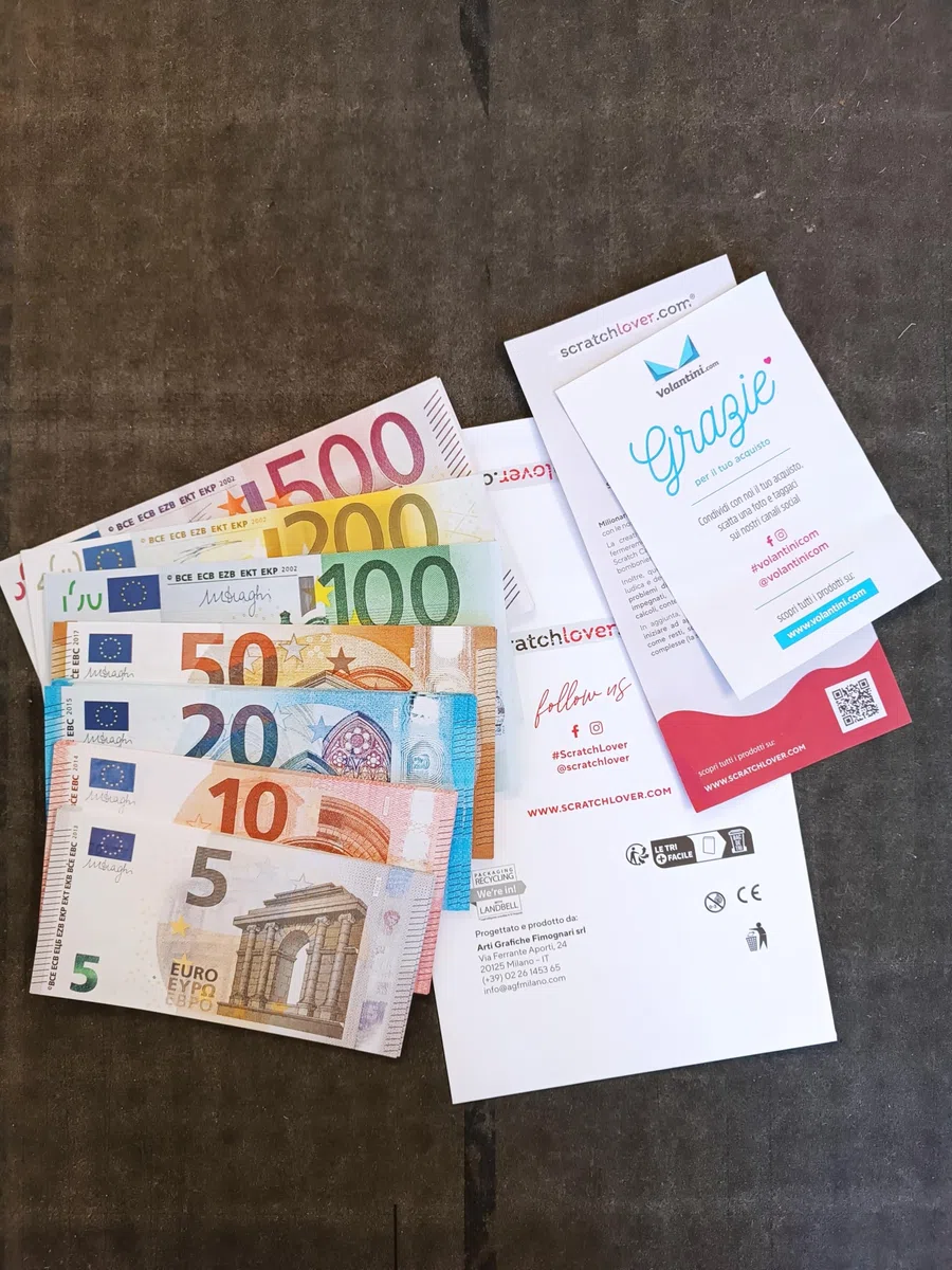 Scratch Cash Bundle 175 Dimensioni Aumentate al 125%, Banconote Finte 25 x 5, 10, 20, 50, 100, 200, 500 Euro, Fac-Simile Euro
