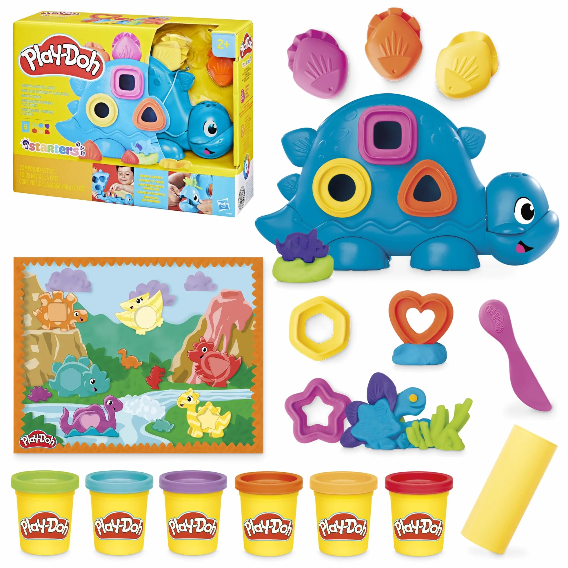 Play-Doh Hasbro, Starter Set Dinosauro Forme e Colori, Arti e Mestieri Creativi per Bambini e Bambine dai 2 Anni in su, Ottima Idea Regalo, Include 6 Vasetti di Pasta Modellabile e Accessori