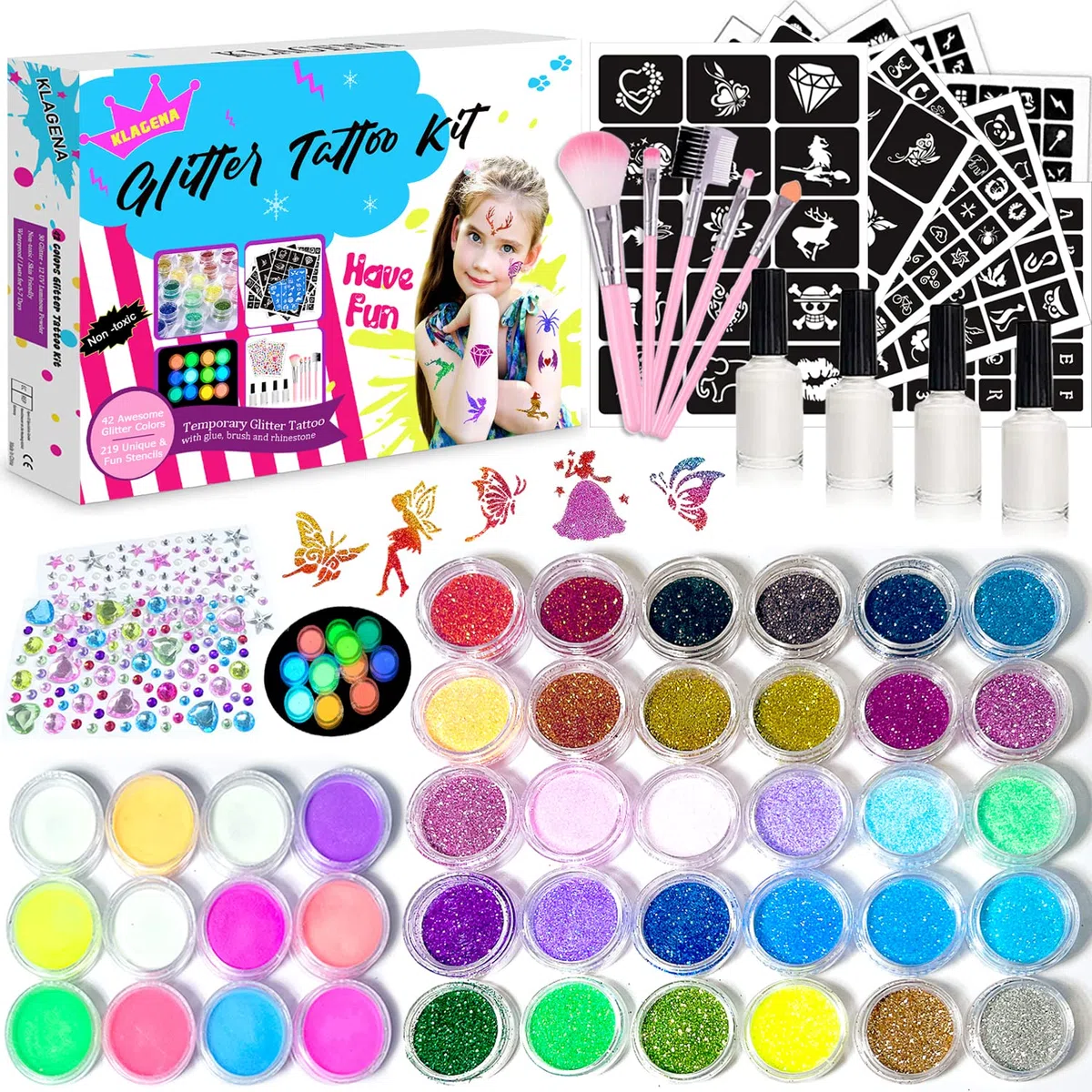 Set di tatuaggi glitterati per bambini, 42 colori (glitter, 12 fluorescenti, lucidi di notte), 219 stencil, 213 strass, 5 pennelli, 4 adesivi (fácil da lavare, non irrita la pelle)