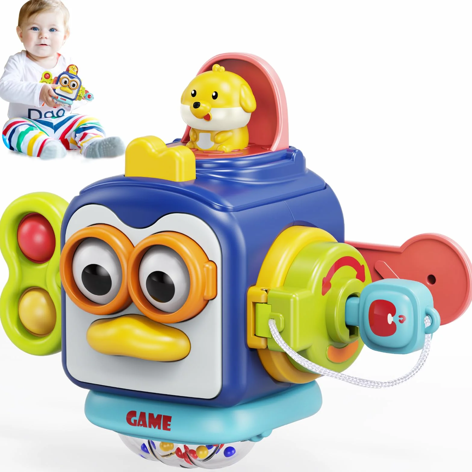 MOONTOY Cubo di attività educative per bambini, Montessori multiattivita Giocattolo sensoriale regalo per bambino 6-12 mesi, abilità motorie cubo giocattoli per viaggi