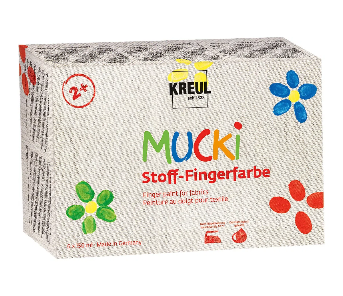 KREUL 28420, Mucki Colori per Dita Tessili, 6 x 150 ml bianco, giallo, rosso, verde, blu, viola, colori brillanti a base d’acqua per bambini da 2 anni