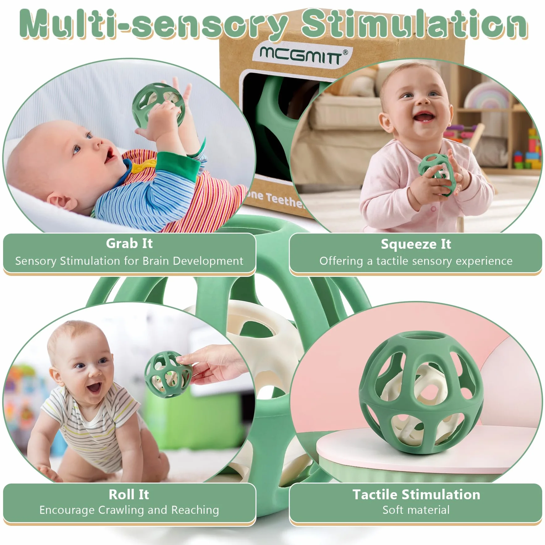 MCGMITT Giochi Dentizione Neonato, Massaggia Gengive Neonati Palla per la Dentizione del Bambini, Sensoriale Massaggiagengive Senza BPA per neonati di età superiore ai 0 3 6 12 mesi Regalo (Verde)
