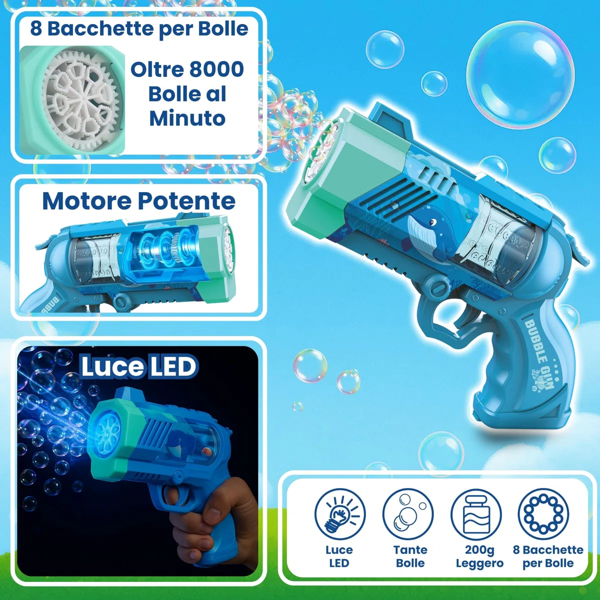 Blubbel Sparabolle di Sapone LED, Pistola Giochi, Macchina Automatica, Bubble Gun, Cannone d’Aria, Giocattolo Matrimonio, Regalo Estivo Bambini, 120ml Liquido Incluso