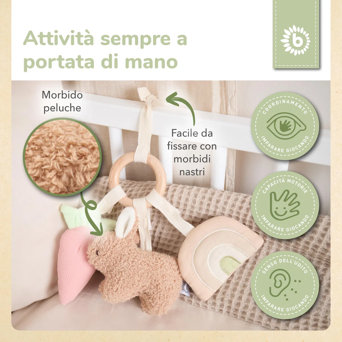 Bieco Activity giocattolo coniglietto fine | anello di presa in legno con sonaglio in peluche, elemento cigolio e pellicola scoppiettante | giocattolo per bambini a partire da 0 mesi