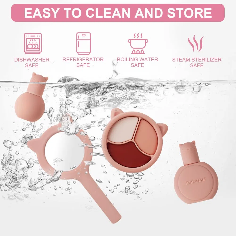 HOTUT Set di trucchi per bambini, 8 Pezzi Giocattoli Bambino per Regalo Bimba Bambino, Set da trucco in silicone per bambine di giocattoli finti Montessori con specchio per bambini e bambine