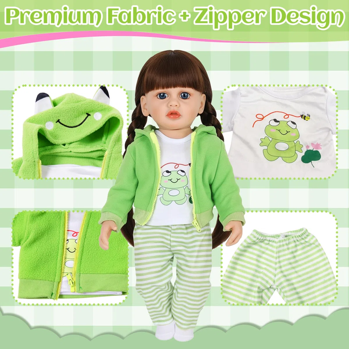 Vestiti per bambole da 50 a 55 cm, set per bambole da 20 a 22 pollici, 1 giacca con cappuccio verde, 1 top 1 paio di calzini 1 appendiabiti, graziose stampe di animali